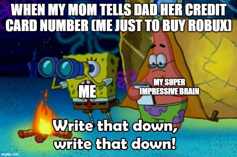 write that down | WHEN MY MOM TELLS DAD HER CREDIT CARD NUMBER (ME JUST TO BUY ROBUX); MY SUPER IMPRESSIVE BRAIN; ME | image tagged in write that down | made w/ Imgflip meme maker