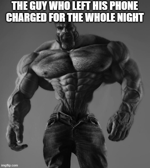 GigaChad | THE GUY WHO LEFT HIS PHONE CHARGED FOR THE WHOLE NIGHT | image tagged in gigachad | made w/ Imgflip meme maker