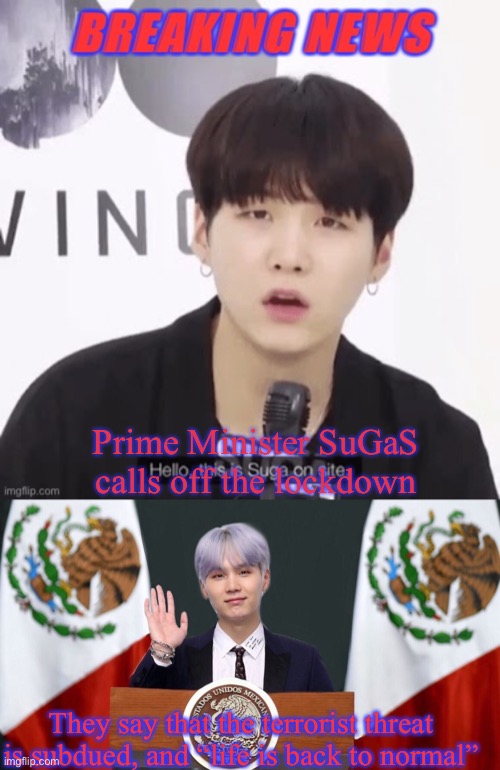 Prime Minister SuGaS calls off the lockdown; They say that the terrorist threat is subdued, and “life is back to normal” | image tagged in breaking news suga,suga the prez | made w/ Imgflip meme maker