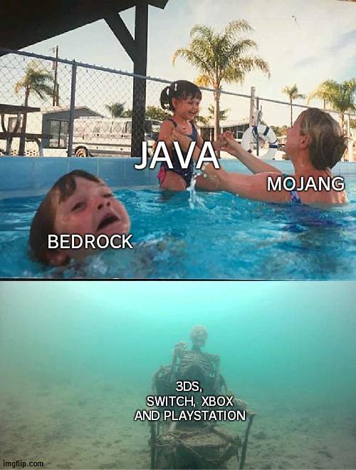 How Mojang Treat MC Editions | JAVA; MOJANG; BEDROCK; 3DS, SWITCH, XBOX AND PLAYSTATION | image tagged in mother ignoring kid drowning in a pool,minecraft,mojang | made w/ Imgflip meme maker