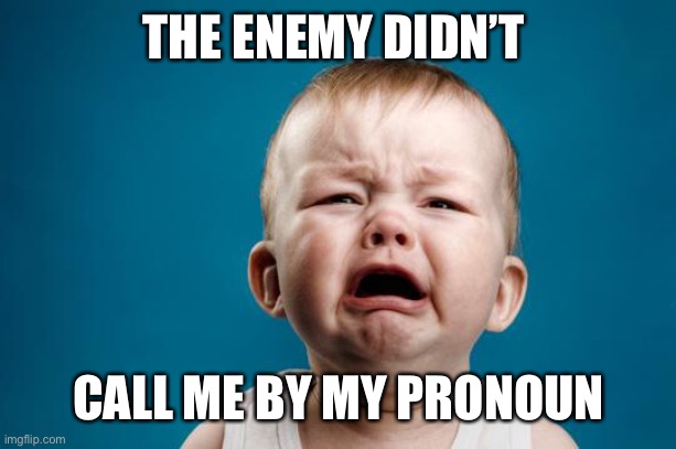 BABY CRYING | THE ENEMY DIDN’T CALL ME BY MY PRONOUN | image tagged in baby crying | made w/ Imgflip meme maker