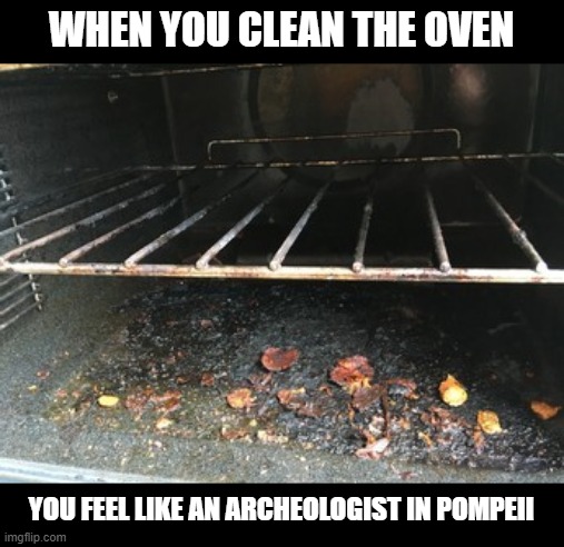 When you clean the oven you feel like an archeologist in Pompeii | WHEN YOU CLEAN THE OVEN; YOU FEEL LIKE AN ARCHEOLOGIST IN POMPEII | image tagged in oven,cleaning,archeology,pompeii | made w/ Imgflip meme maker