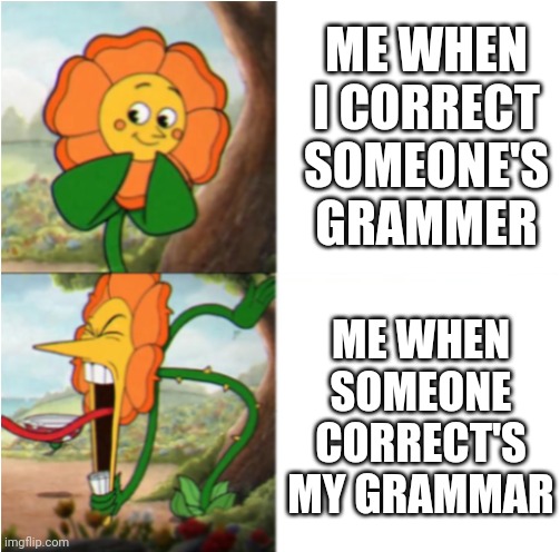 I made a grammar error on purpose. Dont correct me | ME WHEN I CORRECT SOMEONE'S GRAMMER; ME WHEN SOMEONE CORRECT'S MY GRAMMAR | image tagged in reverse cuphead flower | made w/ Imgflip meme maker