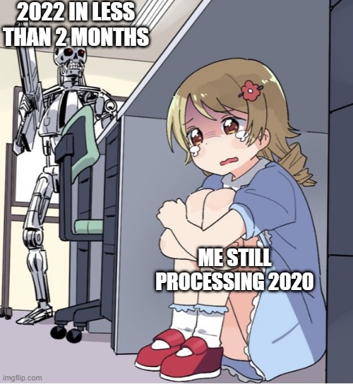 free swede | 2022 IN LESS THAN 2 MONTHS; ME STILL PROCESSING 2020 | image tagged in anime girl hiding from terminator | made w/ Imgflip meme maker