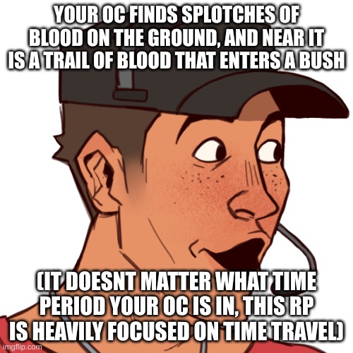 No joke or op ocs | YOUR OC FINDS SPLOTCHES OF BLOOD ON THE GROUND, AND NEAR IT IS A TRAIL OF BLOOD THAT ENTERS A BUSH; (IT DOESNT MATTER WHAT TIME PERIOD YOUR OC IS IN, THIS RP IS HEAVILY FOCUSED ON TIME TRAVEL) | image tagged in scout pog | made w/ Imgflip meme maker