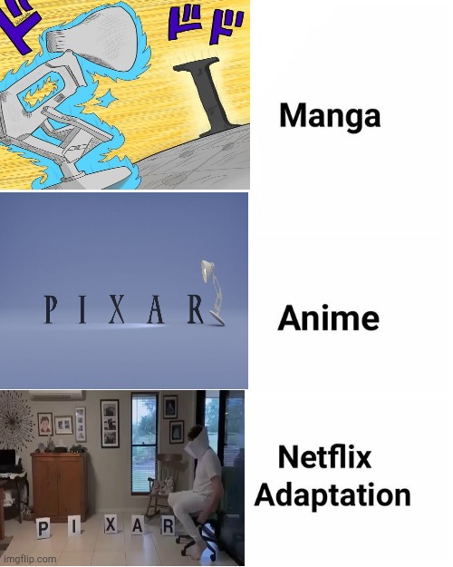 Manga, Anime, Netflix adaption | image tagged in manga anime netflix adaption,pixar | made w/ Imgflip meme maker