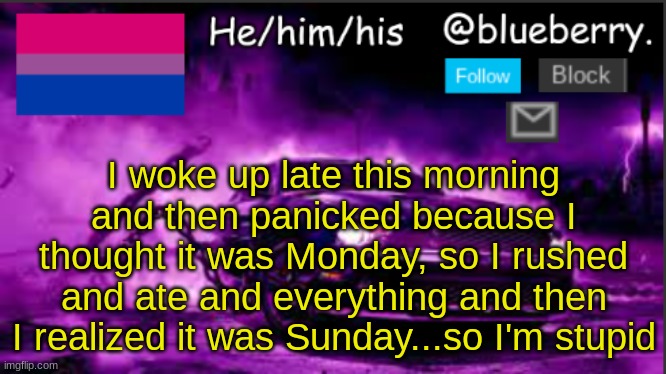 Blueberry announcement | I woke up late this morning and then panicked because I thought it was Monday, so I rushed and ate and everything and then I realized it was Sunday...so I'm stupid | image tagged in blueberry announcement | made w/ Imgflip meme maker