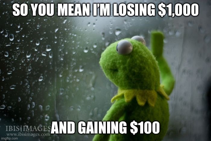 kermit window | SO YOU MEAN I’M LOSING $1,000 AND GAINING $100 | image tagged in kermit window | made w/ Imgflip meme maker