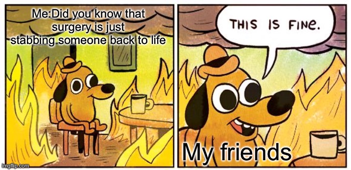 This Is Fine Meme | Me:Did you know that surgery is just stabbing someone back to life; My friends | image tagged in memes,this is fine | made w/ Imgflip meme maker