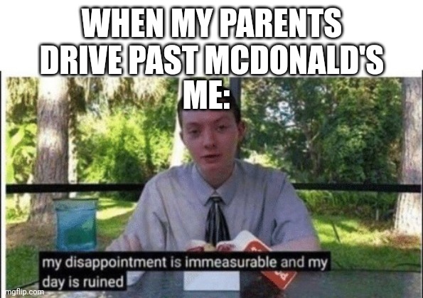 Relatable | WHEN MY PARENTS DRIVE PAST MCDONALD'S; ME: | image tagged in my dissapointment is immeasurable and my day is ruined | made w/ Imgflip meme maker