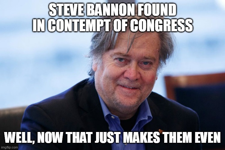 I hold them in contempt too | STEVE BANNON FOUND IN CONTEMPT OF CONGRESS; WELL, NOW THAT JUST MAKES THEM EVEN | image tagged in steve bannon | made w/ Imgflip meme maker