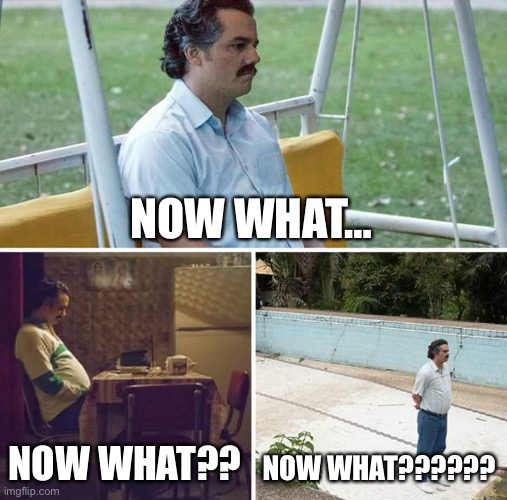 Sad Pablo Escobar Meme | NOW WHAT…; NOW WHAT?? NOW WHAT?????? | image tagged in memes,sad pablo escobar | made w/ Imgflip meme maker