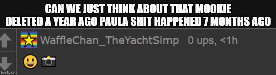 Waffle 4K | CAN WE JUST THINK ABOUT THAT MOOKIE DELETED A YEAR AGO PAULA SHIT HAPPENED 7 MONTHS AGO | image tagged in waffle 4k | made w/ Imgflip meme maker