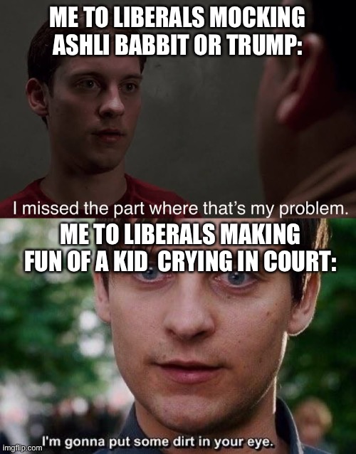 ME TO LIBERALS MOCKING ASHLI BABBIT OR TRUMP: ME TO LIBERALS MAKING FUN OF A KID  CRYING IN COURT: | image tagged in i missed the part,i'm gonna put some dirt in your eye | made w/ Imgflip meme maker