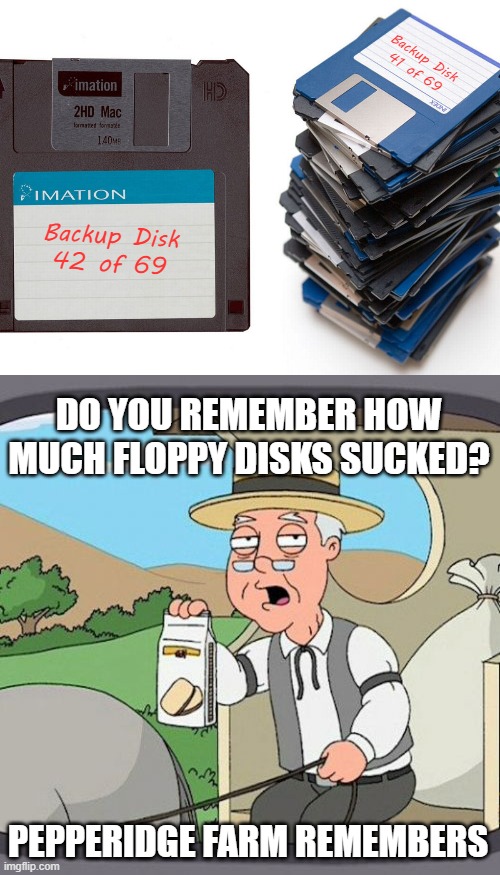 ka-chunk, ka-chunk, ka-chunk, ka-chunk, ka-chunk, ka-chunk, ka-chunk - congratulations this image has loaded | Backup Disk
41 of 69; Backup Disk
42 of 69; DO YOU REMEMBER HOW MUCH FLOPPY DISKS SUCKED? PEPPERIDGE FARM REMEMBERS | image tagged in memes,pepperidge farm remembers,floppies,computers | made w/ Imgflip meme maker