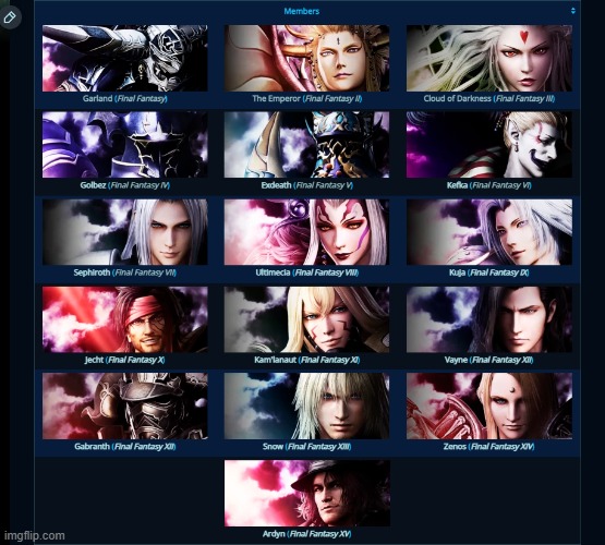 these are the villains (some are not the main villains though) of the 15 current Final Fantasy games | image tagged in warriors of spiritus | made w/ Imgflip meme maker