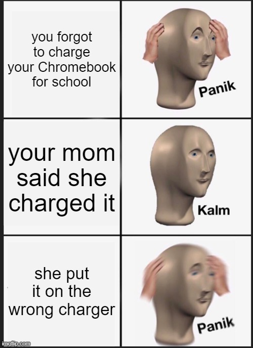 It's your responsibility | you forgot to charge your Chromebook for school; your mom said she charged it; she put it on the wrong charger | image tagged in memes,panik kalm panik | made w/ Imgflip meme maker