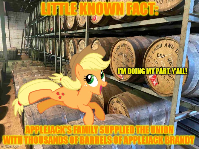 Applejack's warehouse | LITTLE KNOWN FACT:; I'M DOING MY PART, Y'ALL! APPLEJACK'S FAMILY SUPPLIED THE UNION WITH THOUSANDS OF BARRELS OF APPLEJACK BRANDY | image tagged in applejack,my little pony,brandy barrels,ponies | made w/ Imgflip meme maker