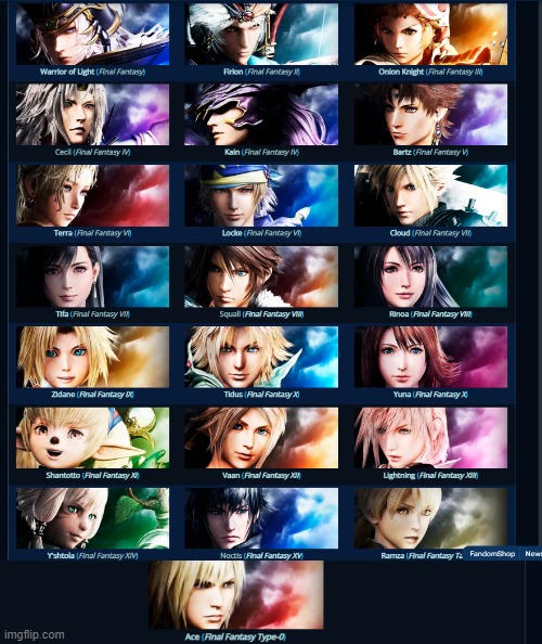 protagonists of the 15 final fantasy games plus the protagonists of Final Fantasy Type-0 and Final Fantasy Tactics | image tagged in warriors of materia | made w/ Imgflip meme maker