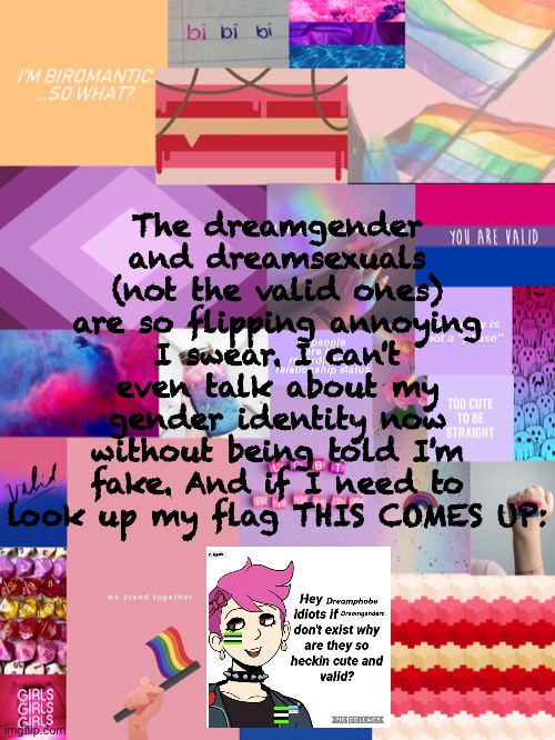 ;-; stop it. | The dreamgender and dreamsexuals (not the valid ones) are so flipping annoying I swear. I can't even talk about my gender identity now without being told I'm fake. And if I need to look up my flag THIS COMES UP: | image tagged in b0bthebl0b announcement template 2 | made w/ Imgflip meme maker