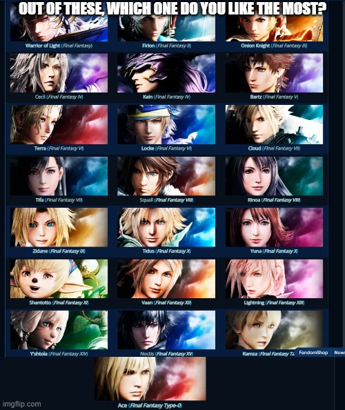 watch everyone say cloud | OUT OF THESE, WHICH ONE DO YOU LIKE THE MOST? | image tagged in warriors of materia | made w/ Imgflip meme maker