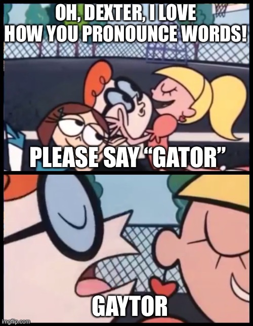 Say it Again, Dexter | OH, DEXTER, I LOVE HOW YOU PRONOUNCE WORDS! PLEASE SAY “GATOR”; GAYTOR | image tagged in memes,say it again dexter | made w/ Imgflip meme maker