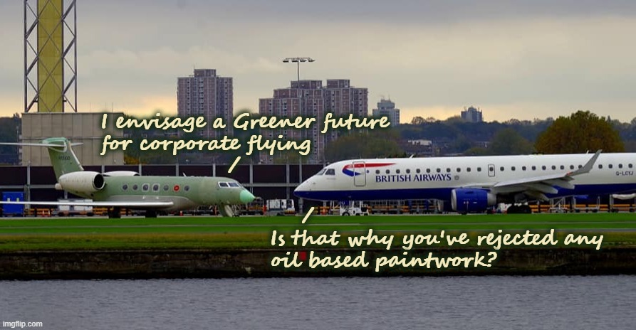 Ethical Gulfstream | I envisage a Greener future
for corporate flying
                /; /
Is that why you've rejected any 
oil based paintwork? | image tagged in grumman,bizjet,airplane,climate change,environment,oil | made w/ Imgflip meme maker
