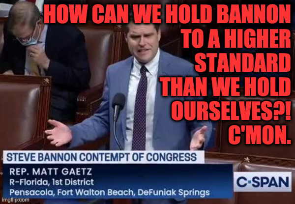 Nice to have friends in low places. | HOW CAN WE HOLD BANNON
TO A HIGHER
STANDARD
THAN WE HOLD
OURSELVES?!
C'MON. | image tagged in memes,steve bannon,matt gaetz,contemptible,scumbag republicans | made w/ Imgflip meme maker