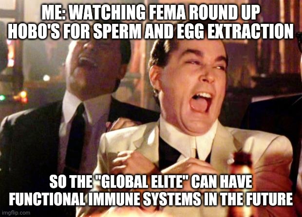 Goodfellas Laugh | ME: WATCHING FEMA ROUND UP HOBO'S FOR SPERM AND EGG EXTRACTION; SO THE "GLOBAL ELITE" CAN HAVE FUNCTIONAL IMMUNE SYSTEMS IN THE FUTURE | image tagged in goodfellas laugh,coronavirus,covid-19,covidiots | made w/ Imgflip meme maker