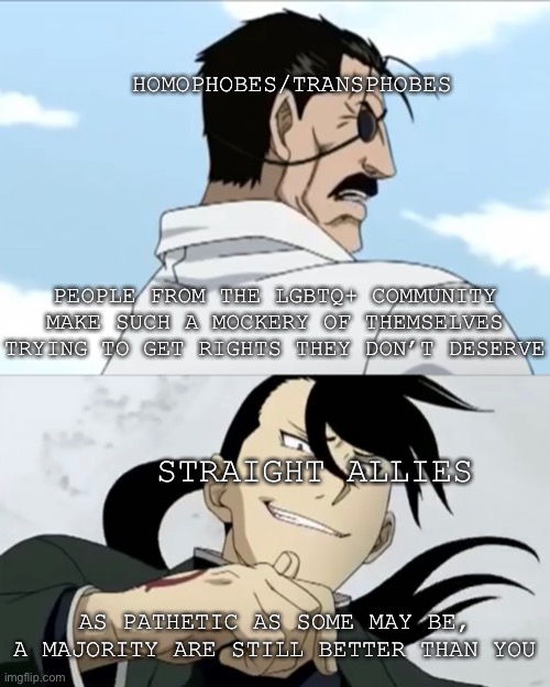 Straight allies are always better than homo/transphobes | HOMOPHOBES/TRANSPHOBES; PEOPLE FROM THE LGBTQ+ COMMUNITY MAKE SUCH A MOCKERY OF THEMSELVES TRYING TO GET RIGHTS THEY DON’T DESERVE; STRAIGHT ALLIES; AS PATHETIC AS SOME MAY BE, A MAJORITY ARE STILL BETTER THAN YOU | made w/ Imgflip meme maker