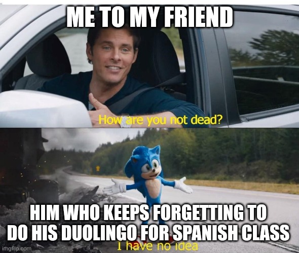 Wheeze | ME TO MY FRIEND; HIM WHO KEEPS FORGETTING TO DO HIS DUOLINGO FOR SPANISH CLASS | image tagged in sonic how are you not dead | made w/ Imgflip meme maker