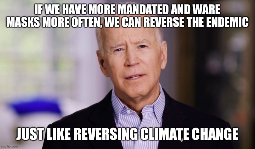 Joe Biden 2020 | IF WE HAVE MORE MANDATED AND WARE MASKS MORE OFTEN, WE CAN REVERSE THE ENDEMIC JUST LIKE REVERSING CLIMATE CHANGE | image tagged in joe biden 2020 | made w/ Imgflip meme maker