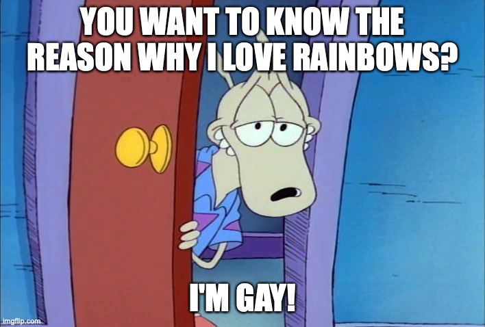 The reason why Rocko loves rainbows | YOU WANT TO KNOW THE REASON WHY I LOVE RAINBOWS? I'M GAY! | image tagged in sexy wallaby | made w/ Imgflip meme maker