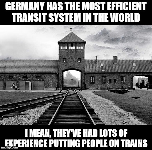 Best Transportation | GERMANY HAS THE MOST EFFICIENT TRANSIT SYSTEM IN THE WORLD; I MEAN, THEY'VE HAD LOTS OF EXPERIENCE PUTTING PEOPLE ON TRAINS | image tagged in auschwitz | made w/ Imgflip meme maker