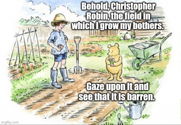Zero Bothers Given | Behold, Christopher Robin, the field in which I grow my bothers. Gaze upon it and see that it is barren. | image tagged in winnie the pooh | made w/ Imgflip meme maker