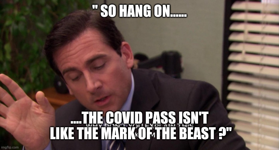 Michael Scott explain this to me like I'm five | " SO HANG ON...... ....THE COVID PASS ISN'T  LIKE THE MARK OF THE BEAST ?" | image tagged in michael scott explain this to me like i'm five | made w/ Imgflip meme maker