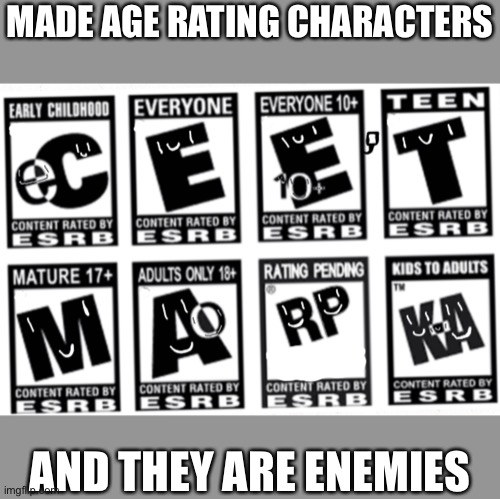 You can draw fan art of them of me killing them | MADE AGE RATING CHARACTERS; AND THEY ARE ENEMIES | image tagged in age ratings but they are my characters,age ratings | made w/ Imgflip meme maker