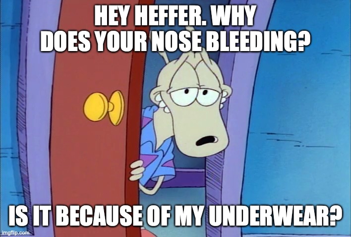 sexy wallaby | HEY HEFFER. WHY DOES YOUR NOSE BLEEDING? IS IT BECAUSE OF MY UNDERWEAR? | image tagged in sexy wallaby | made w/ Imgflip meme maker