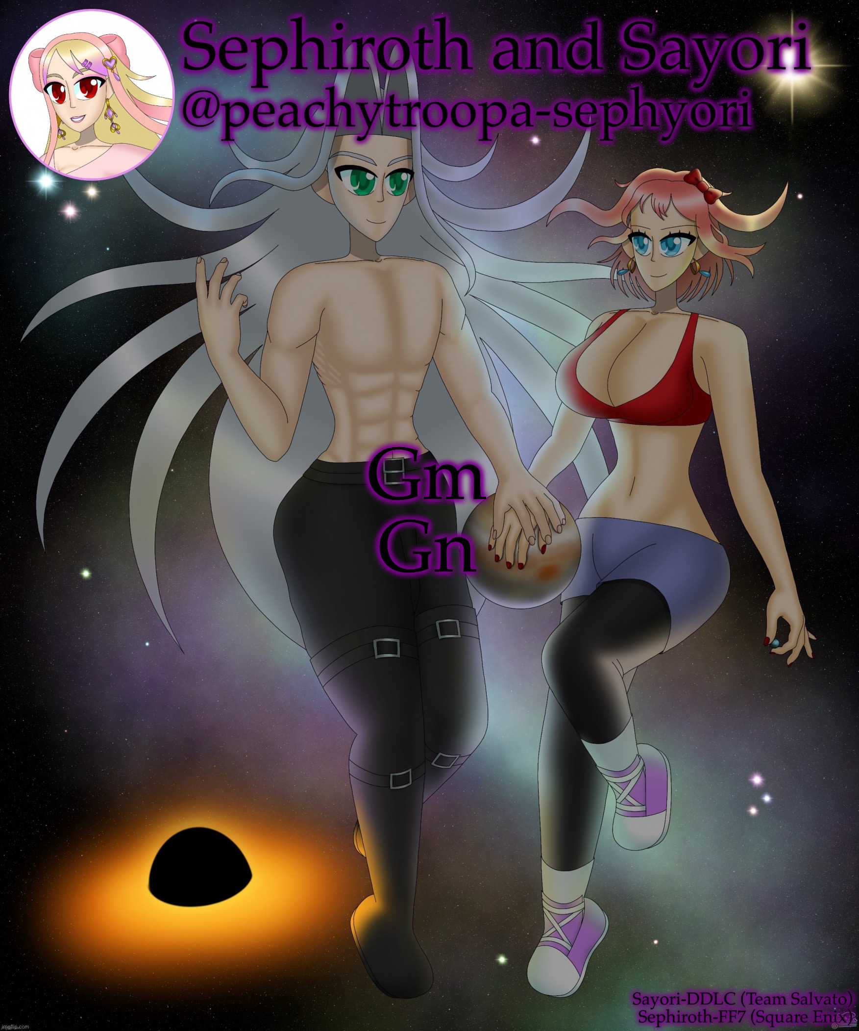 Sayori and Sephiroth | Gm
Gn | image tagged in sayori and sephiroth | made w/ Imgflip meme maker