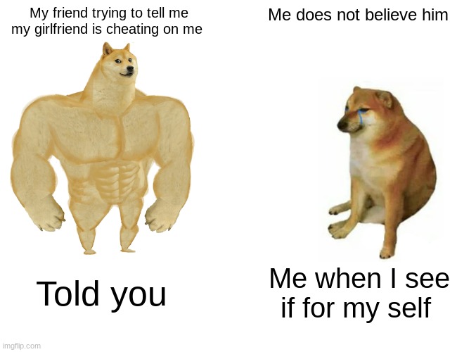 Buff Doge vs. Cheems Meme | My friend trying to tell me my girlfriend is cheating on me; Me does not believe him; Told you; Me when I see if for my self | image tagged in memes,buff doge vs cheems | made w/ Imgflip meme maker