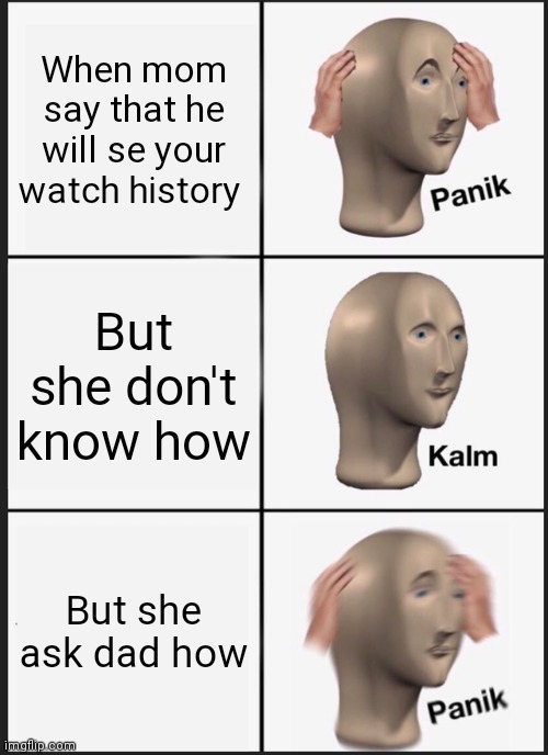 Panik Kalm Panik | When mom say that he will se your watch history; But she don't know how; But she ask dad how | image tagged in memes,panik kalm panik | made w/ Imgflip meme maker