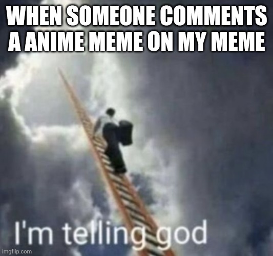 Im telling god | WHEN SOMEONE COMMENTS A ANIME MEME ON MY MEME | image tagged in im telling god | made w/ Imgflip meme maker