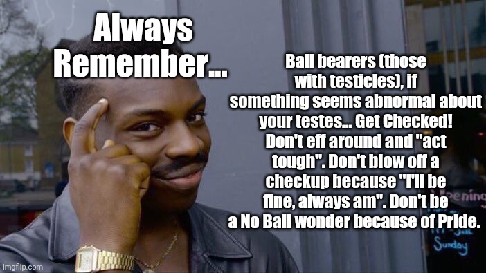 Survival Tip #06 | Always Remember... Ball bearers (those with testicles), if something seems abnormal about your testes... Get Checked! Don't eff around and "act tough". Don't blow off a checkup because "I'll be fine, always am". Don't be a No Ball wonder because of Pride. | image tagged in memes,roll safe think about it | made w/ Imgflip meme maker