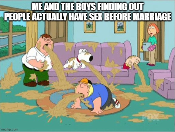 Family Guy Puke | ME AND THE BOYS FINDING OUT PEOPLE ACTUALLY HAVE SEX BEFORE MARRIAGE | image tagged in family guy puke | made w/ Imgflip meme maker