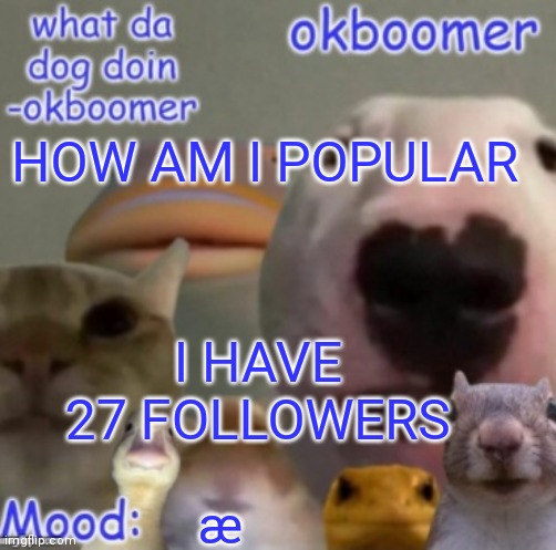 Okboomer template v4 (credit to yeetrex) | HOW AM I POPULAR; I HAVE 27 FOLLOWERS; æ | image tagged in okboomer template v4 credit to yeetrex | made w/ Imgflip meme maker