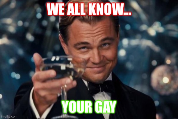 Leonardo Dicaprio Cheers | WE ALL KNOW... YOUR GAY | image tagged in memes,leonardo dicaprio cheers | made w/ Imgflip meme maker