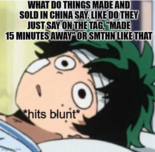 Hits blunt deku ver. | WHAT DO THINGS MADE AND SOLD IN CHINA SAY. LIKE DO THEY JUST SAY ON THE TAG, "MADE 15 MINUTES AWAY" OR SMTHN LIKE THAT | image tagged in hits blunt deku ver | made w/ Imgflip meme maker