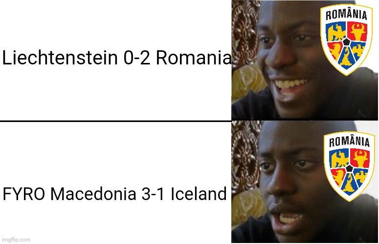 Goodbye, World Cup... (Liechtenstein 0-2 Romania and North Macedonia 3-1 Iceland) |  Liechtenstein 0-2 Romania; FYRO Macedonia 3-1 Iceland | image tagged in disappointed black guy,romania,macedonia,iceland,world cup,memes | made w/ Imgflip meme maker