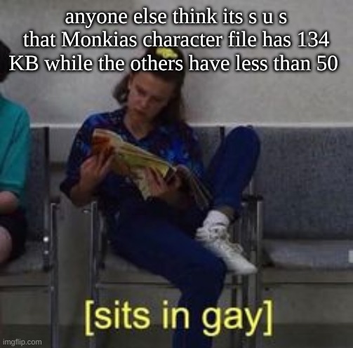 .-. | anyone else think its s u s that Monkias character file has 134 KB while the others have less than 50 | image tagged in sits in gay | made w/ Imgflip meme maker