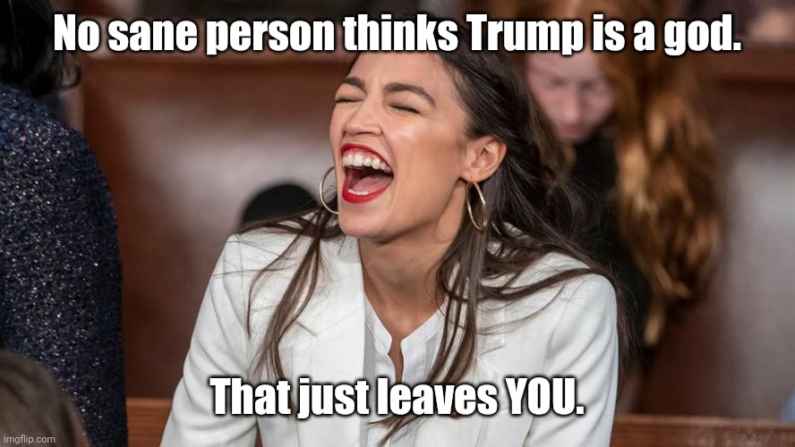 aoc Braying donkey-style | No sane person thinks Trump is a god. That just leaves YOU. | image tagged in aoc braying donkey-style | made w/ Imgflip meme maker